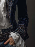 Athénaïs | Veste Longue Brodée Vintage Bleu Marine