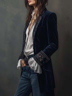 Athénaïs | Veste Longue Brodée Vintage Bleu Marine