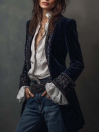 Athénaïs | Veste Longue Brodée Vintage Bleu Marine