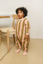 Combinaison de sommeil avec manches et chaussettes - Rayures Kaki & Rose - TOG 2.5