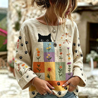 Blouse Imprimée Chats et Fleurs