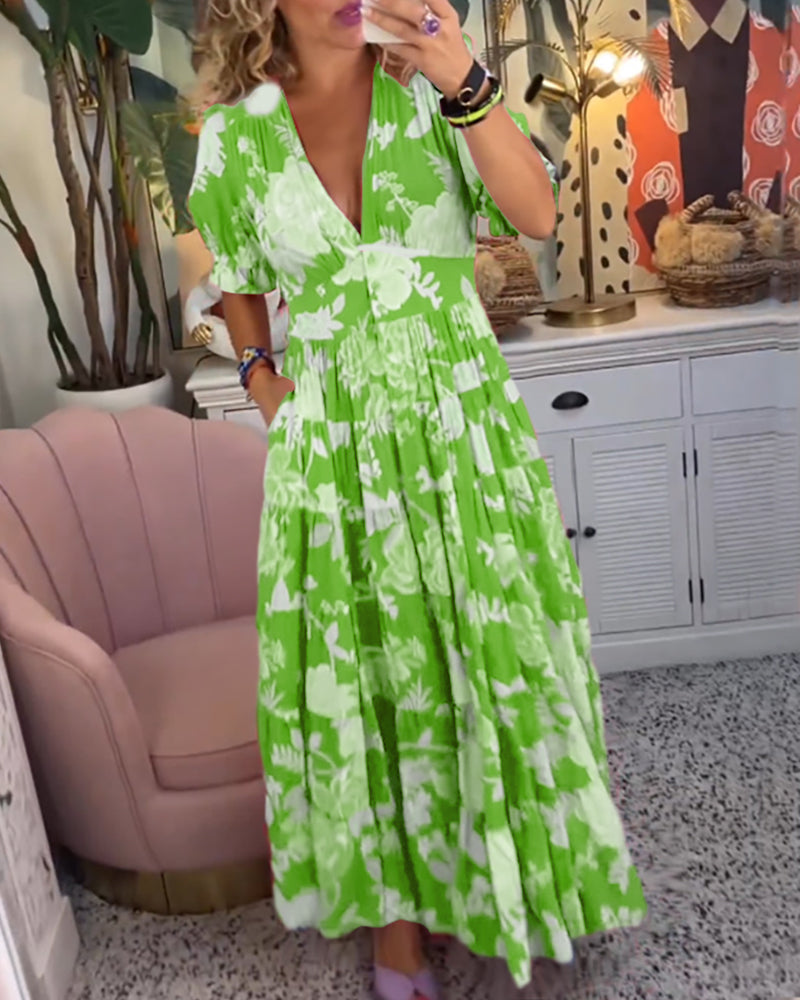 Mirabelle | Robe Maxi Fleurie à Col Plongeant et Jupe Évasée