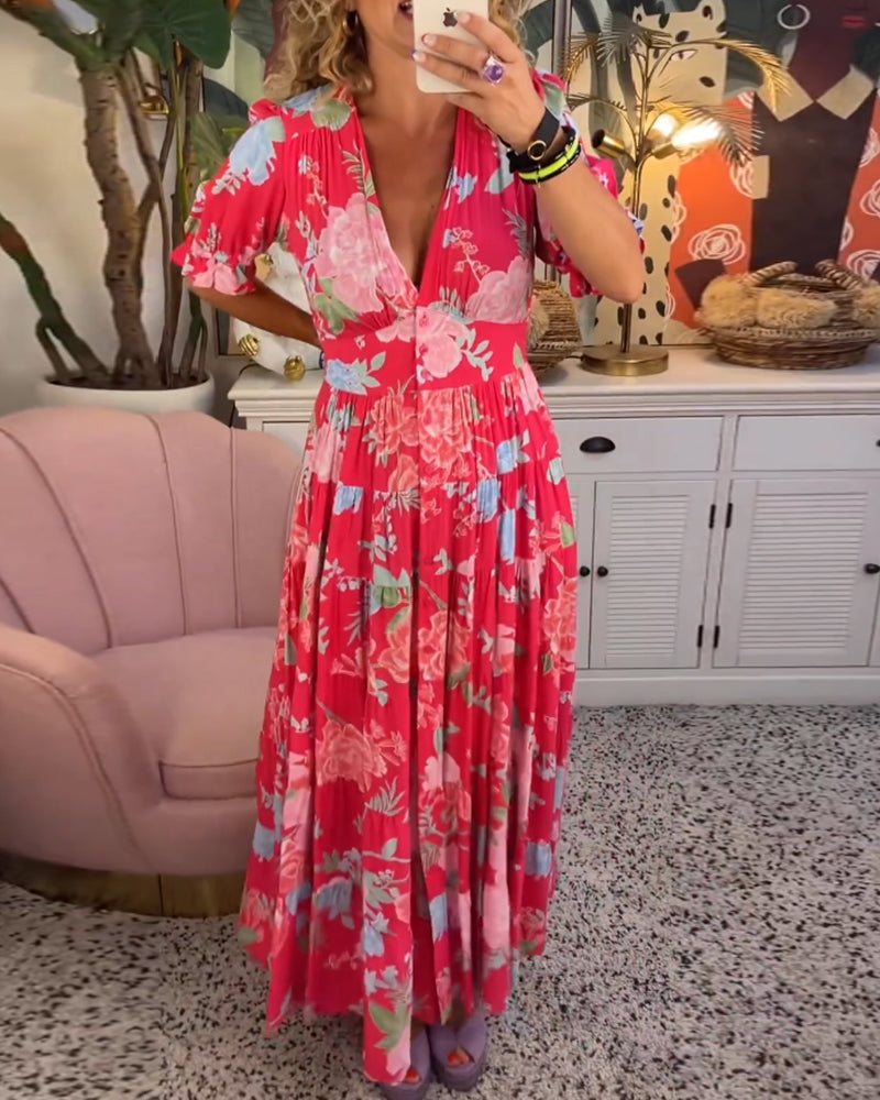 Mirabelle | Robe Maxi Fleurie à Col Plongeant et Jupe Évasée
