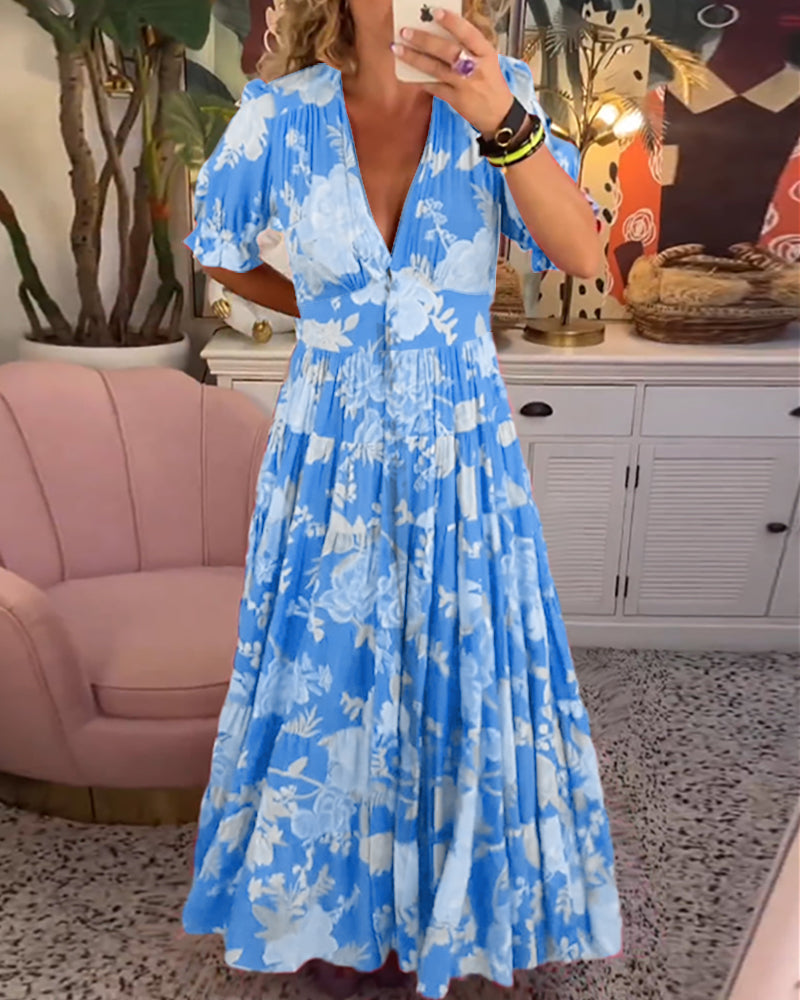 Mirabelle | Robe Maxi Fleurie à Col Plongeant et Jupe Évasée