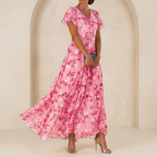 Léonie | Robe Maxi Fluide à Col Portefeuille et Manches Voilées