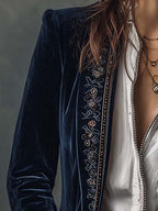 Athénaïs | Veste Longue Brodée Vintage Bleu Marine
