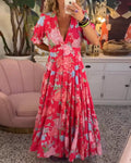 Mirabelle | Robe Maxi Fleurie à Col Plongeant et Jupe Évasée