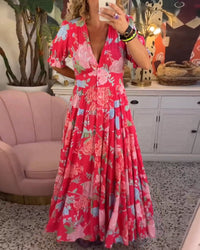 Mirabelle | Robe Maxi Fleurie à Col Plongeant et Jupe Évasée