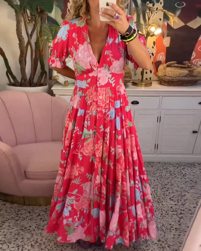 Mirabelle | Robe Maxi Fleurie à Col Plongeant et Jupe Évasée