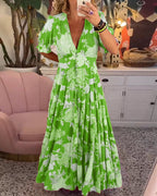 Mirabelle | Robe Maxi Fleurie à Col Plongeant et Jupe Évasée