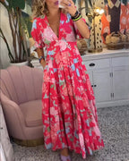 Mirabelle | Robe Maxi Fleurie à Col Plongeant et Jupe Évasée