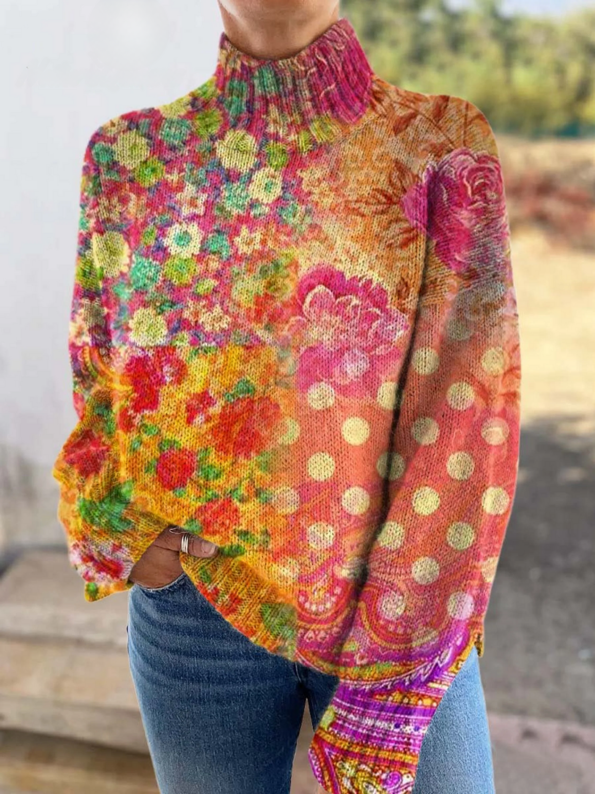 Hattie | Pull Floral Artistique à Col Montant