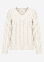 Pull en tricot torsadé avec décolleté en V - blanc cassé