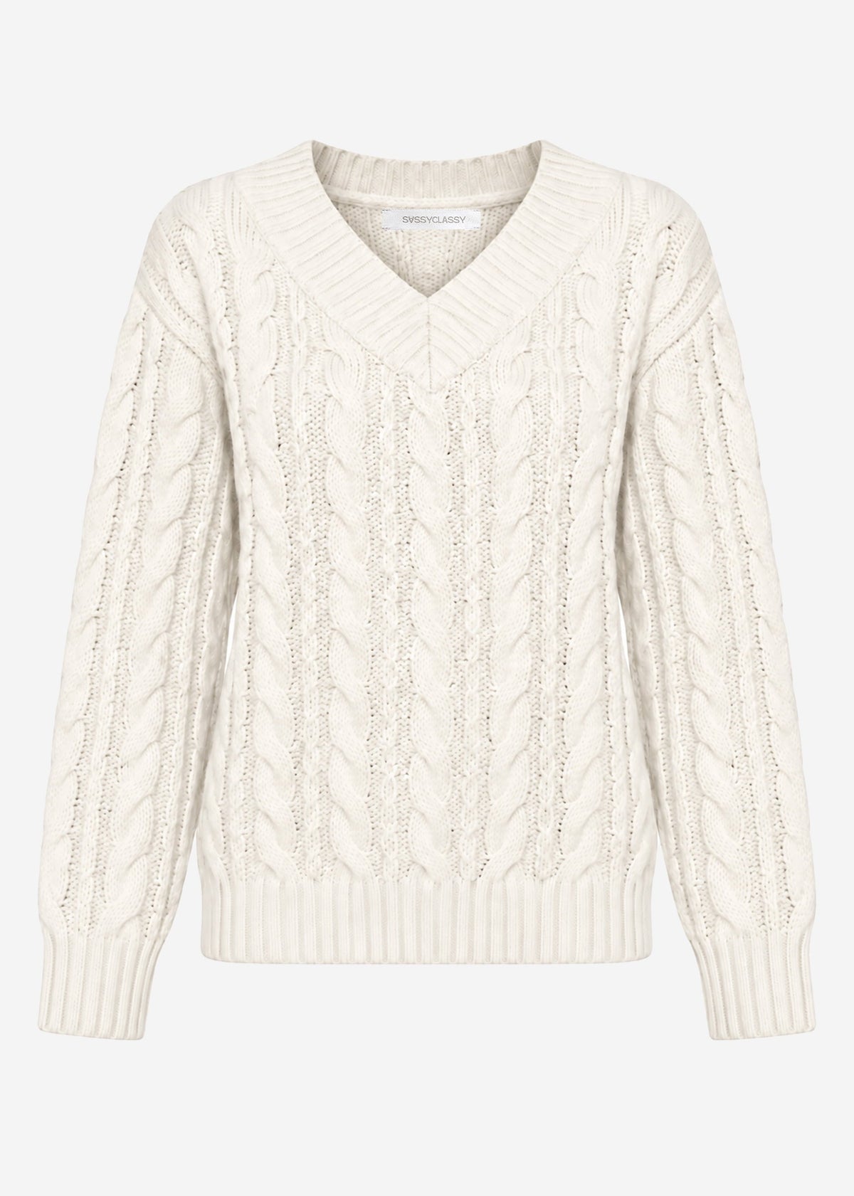 Pull en tricot torsadé avec décolleté en V - blanc cassé