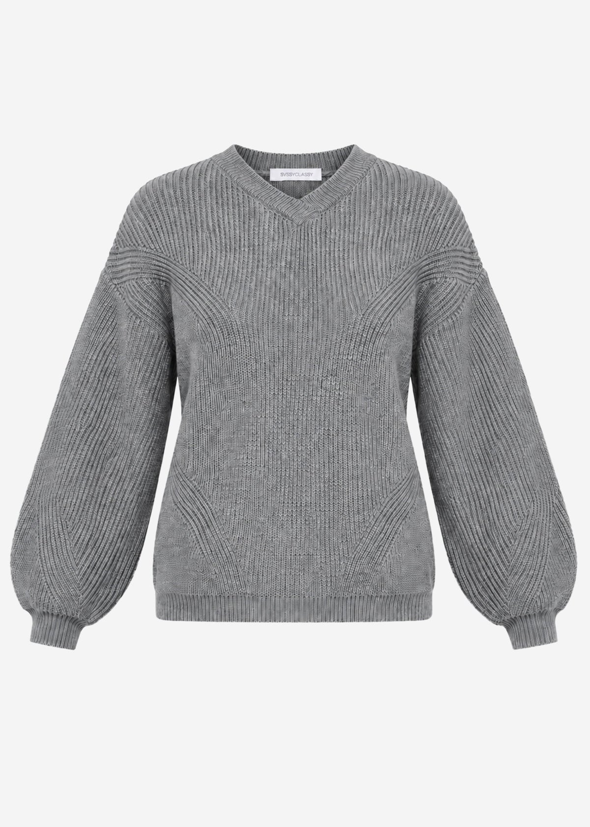 Pull en maille côtelée avec un col en V haut - gris