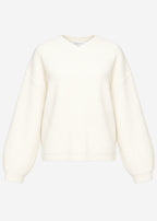 Pull en maille côtelée avec décolleté en V haut - blanc cassé