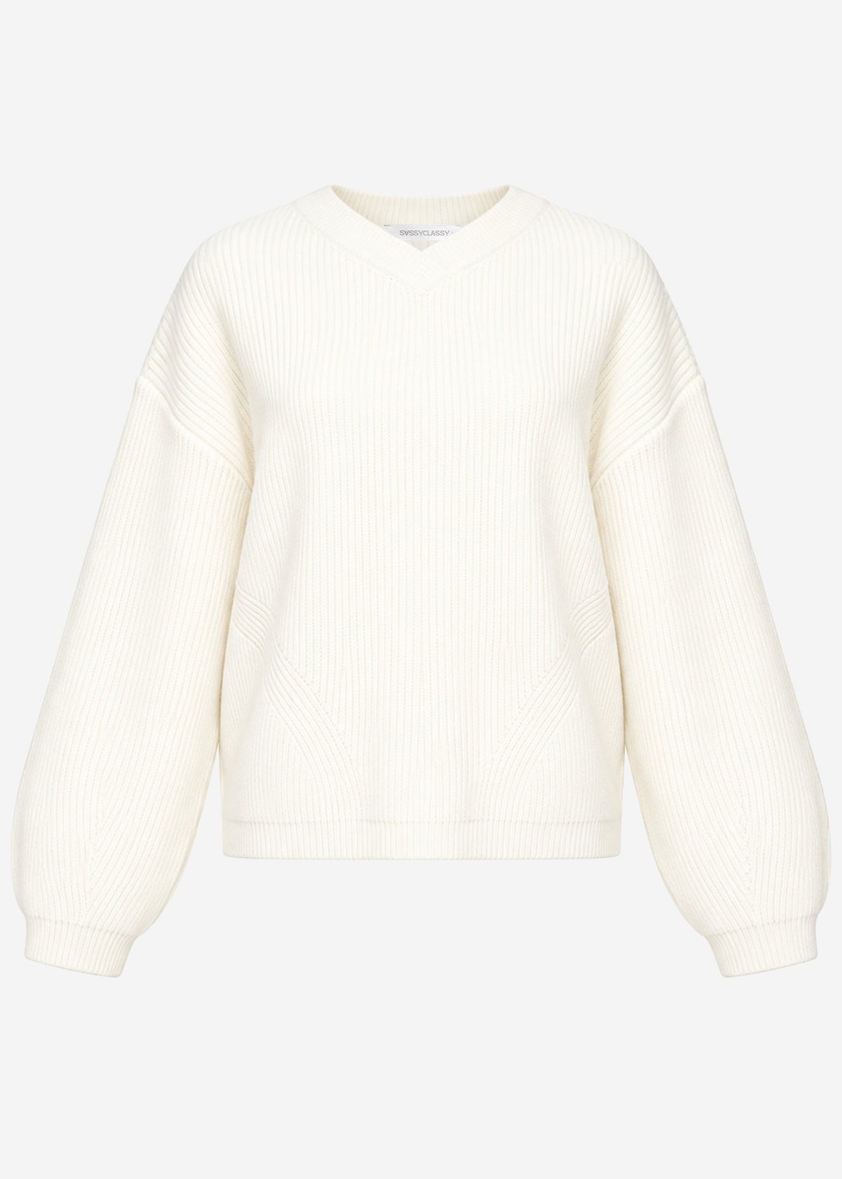 Pull en maille côtelée avec décolleté en V haut - blanc cassé