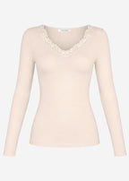 T-shirt à manches longues avec décolleté en dentelle - beige clair