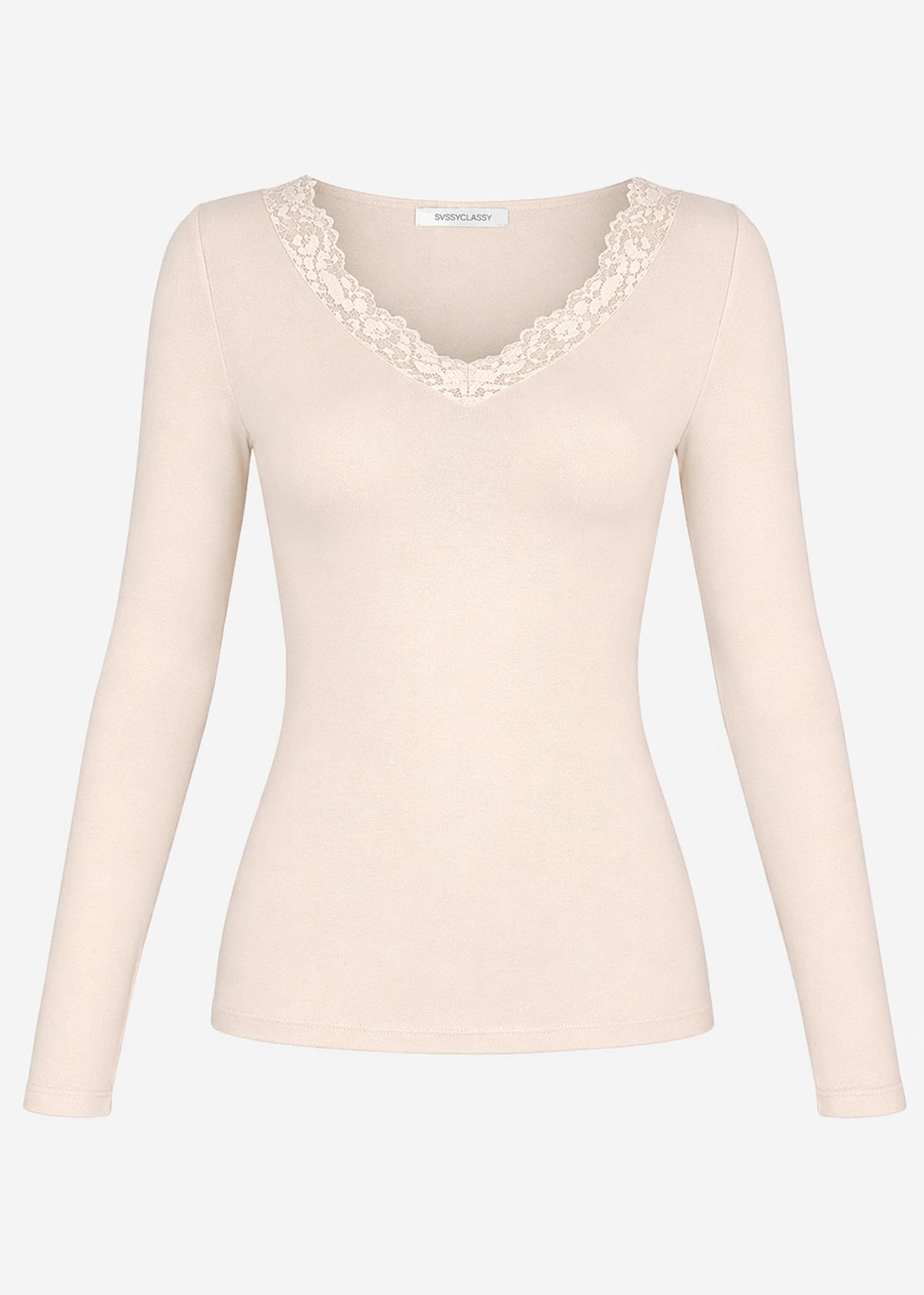 T-shirt à manches longues avec décolleté en dentelle - beige clair