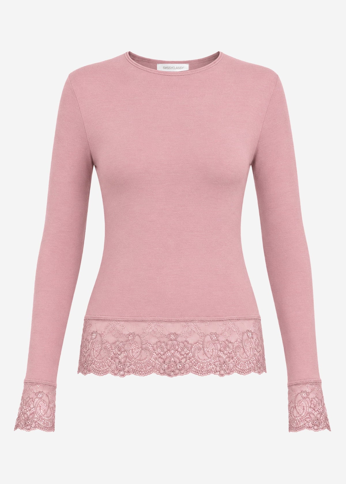 T-shirt à manches longues avec dentelle et part de cachemire - vieux rose