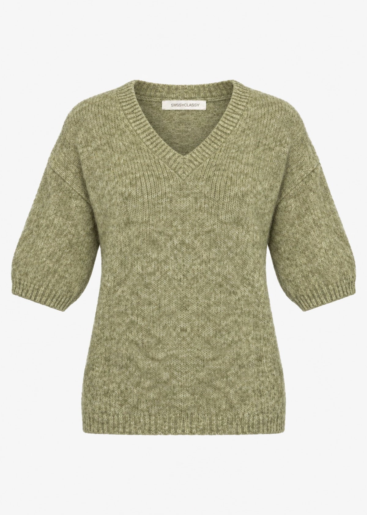 Pull en tricot à manches courtes avec décolleté en V - kaki