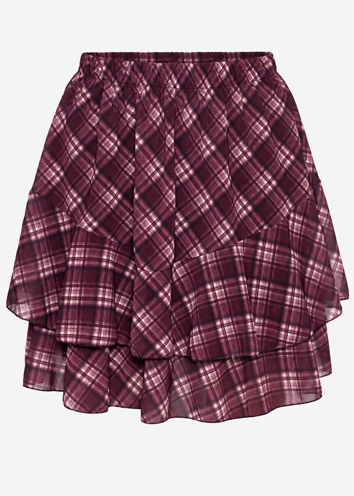 Jupe volant courte à motif tartan - prune