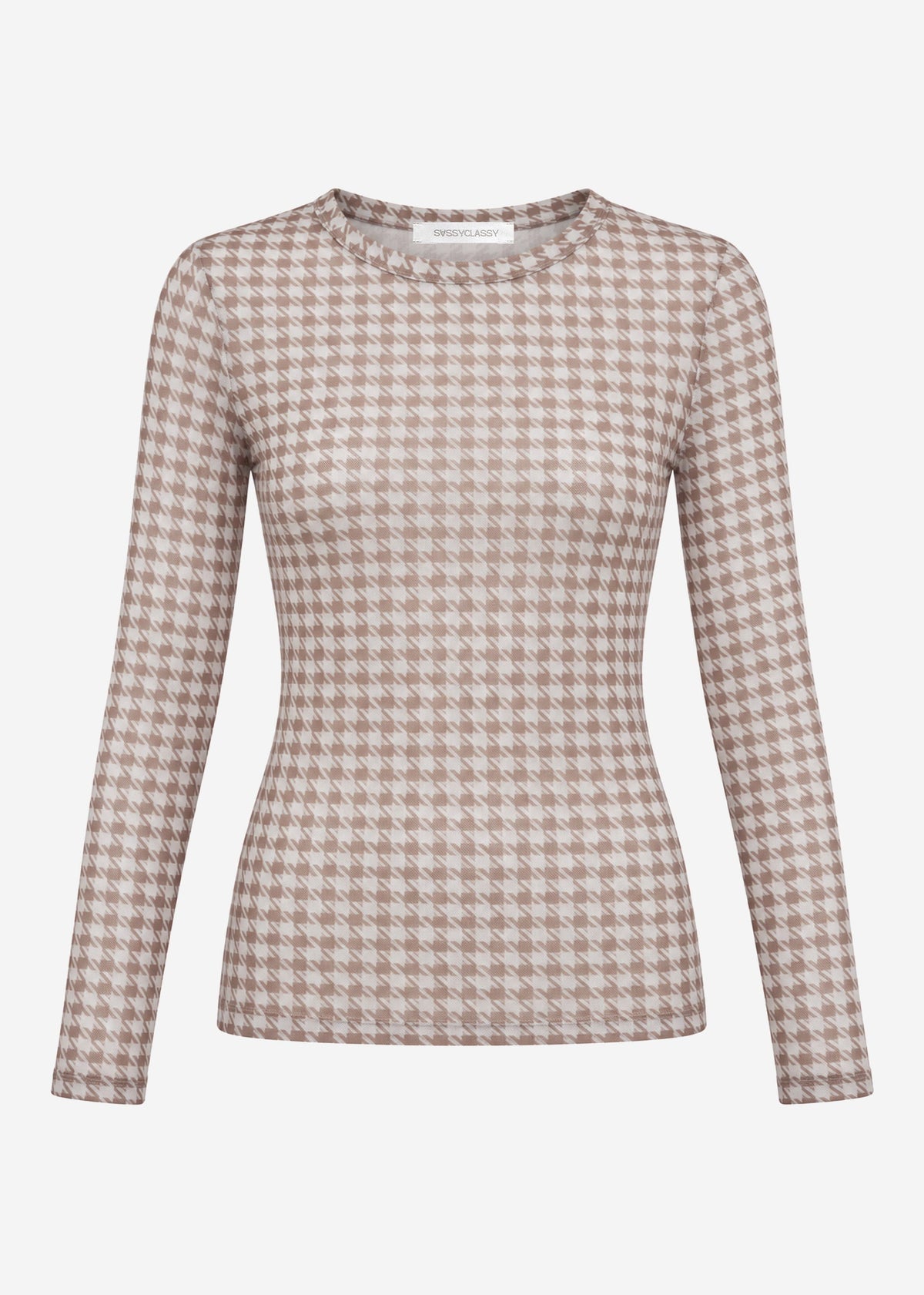 T-shirt à manches longues en mesh avec motif pied-de-poule - beige
