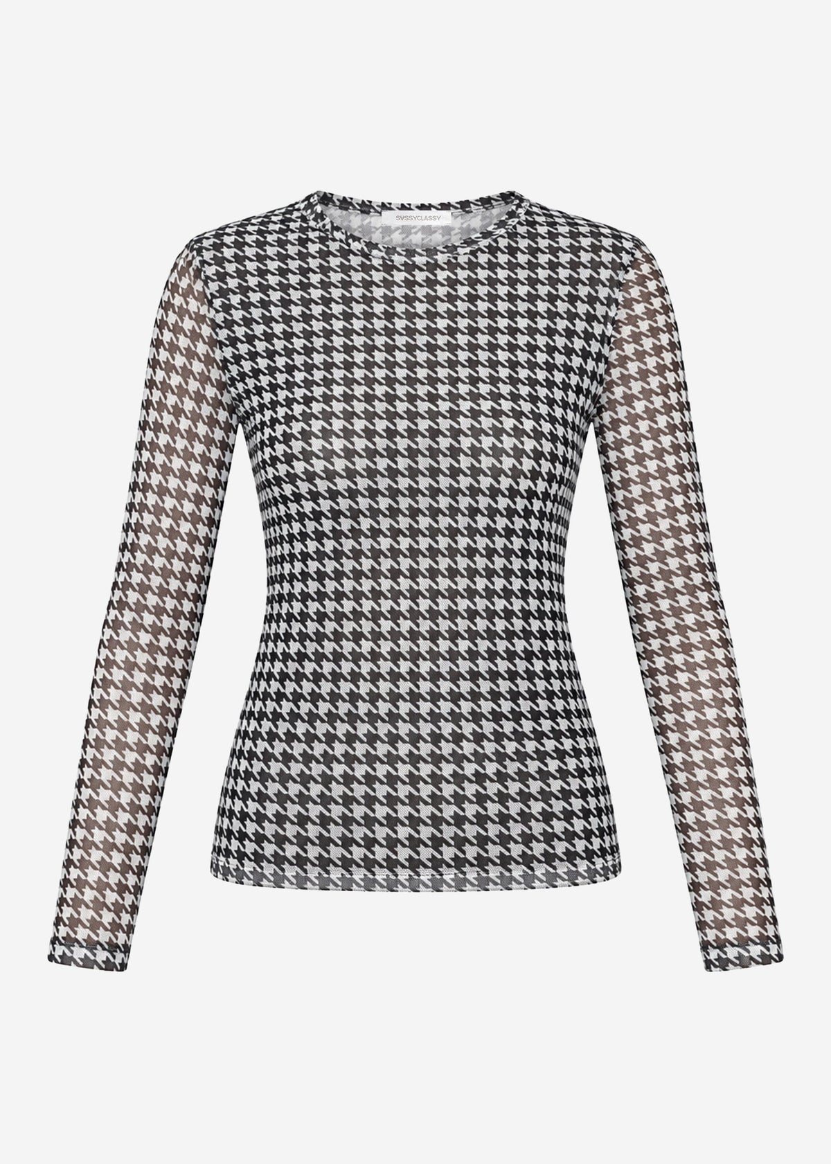 T-shirt à manches longues en mesh avec motif pied-de-poule - noir