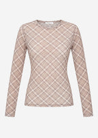 T-shirt à manches longues en mesh à motif à carreaux - beige