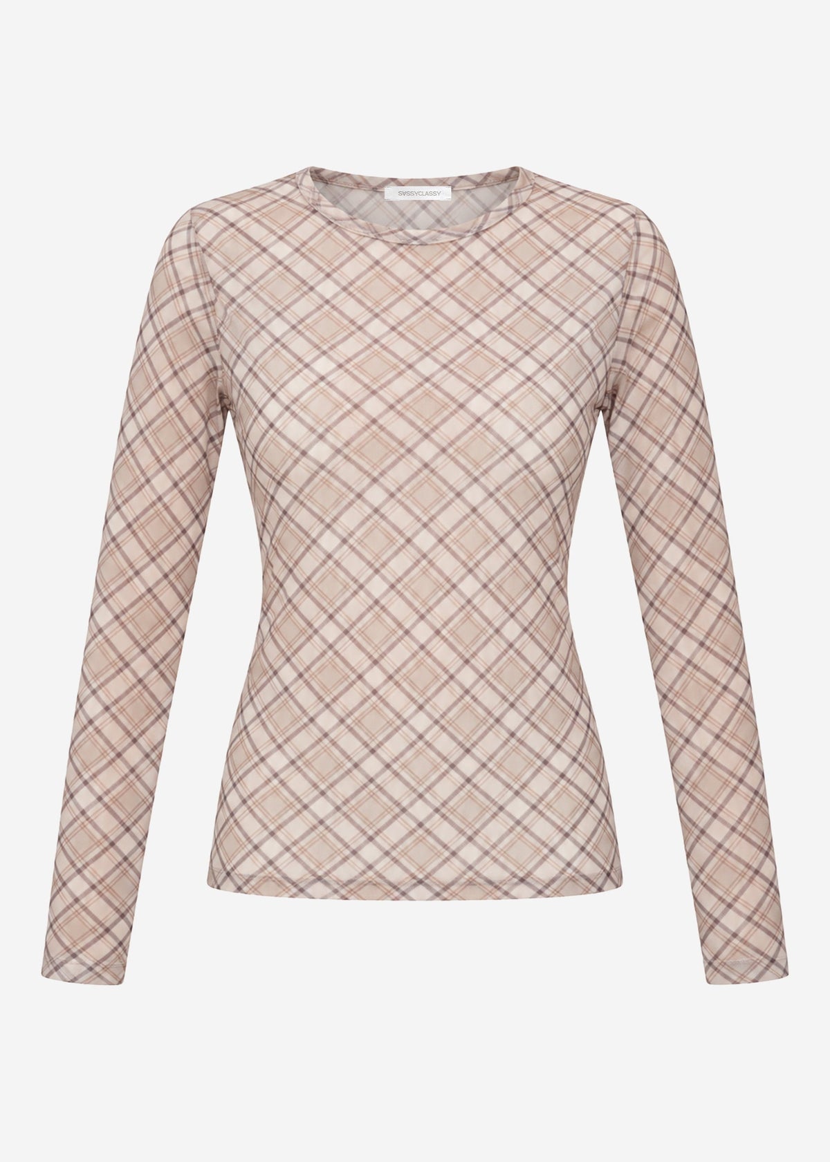 T-shirt à manches longues en mesh à motif à carreaux - beige