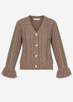 Cardigan en tricot torsadé avec bord frangé - taupe