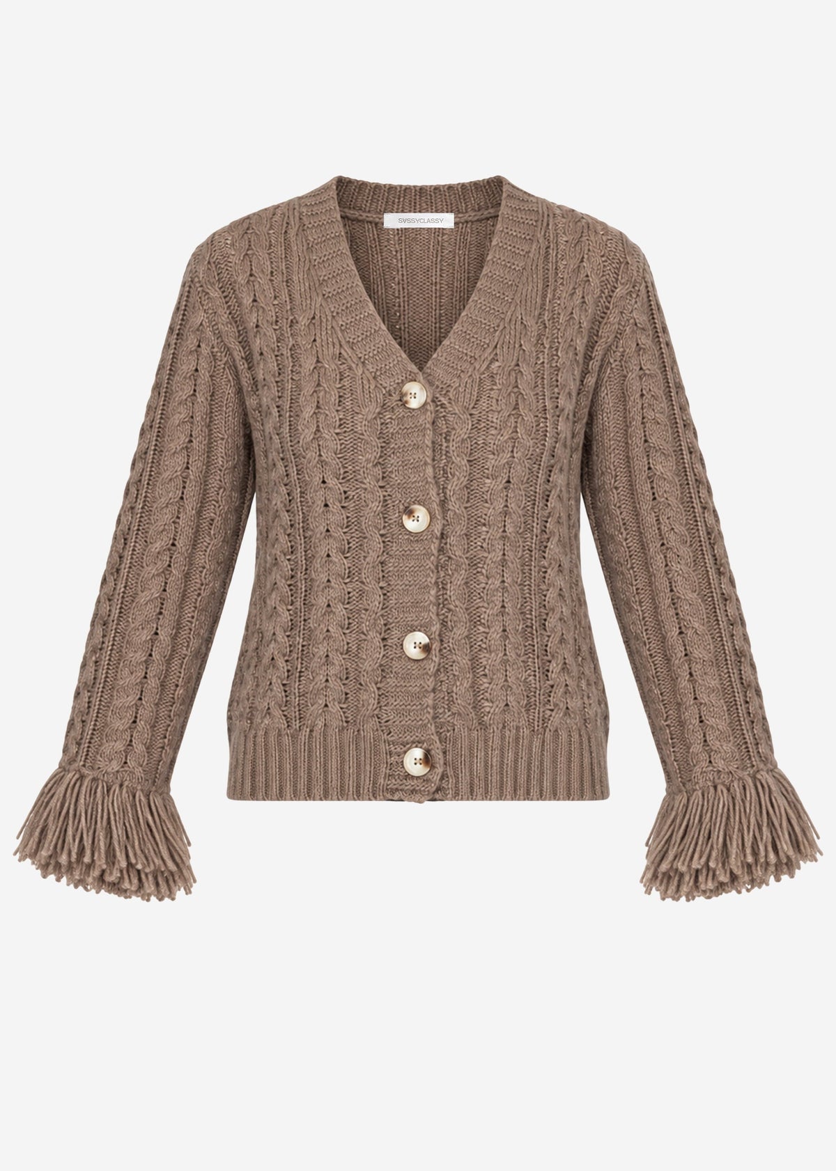 Cardigan en tricot torsadé avec bord frangé - taupe