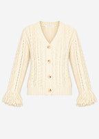 Cardigan en tricot torsadé avec bordures à franges - blanc cassé