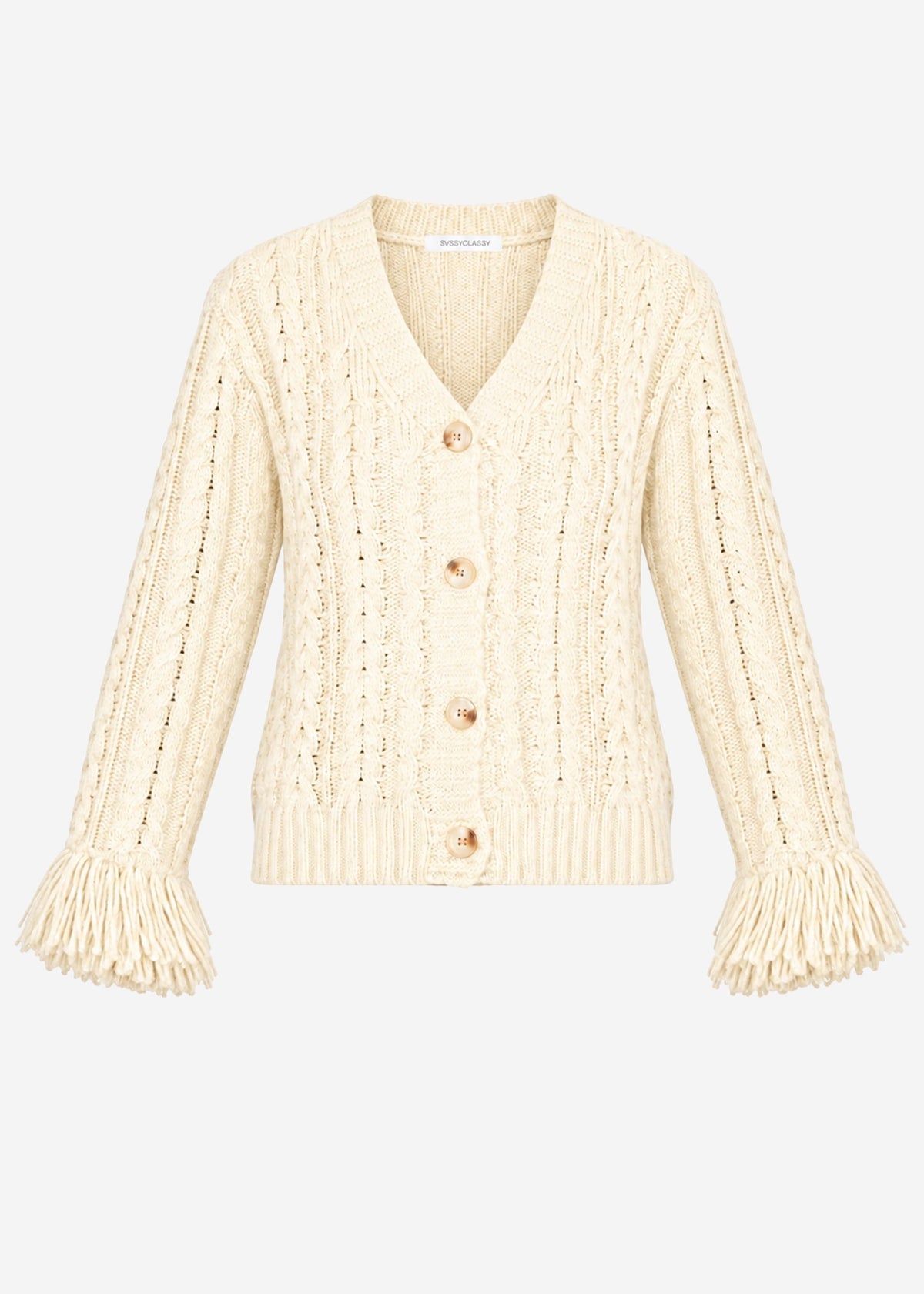 Cardigan en tricot torsadé avec bordures à franges - blanc cassé