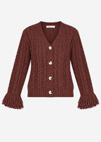 Cardigan en tricot torsadé avec bordure à franges - rouge rouille