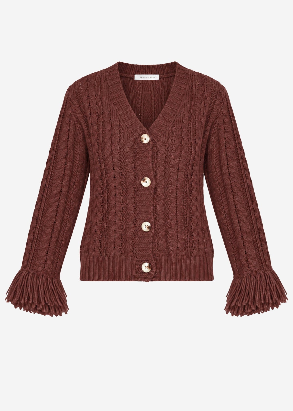 Cardigan en tricot torsadé avec bordure à franges - rouge rouille