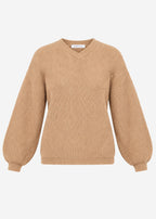 Pull en maille côtelée avec un col en V haut - marron clair