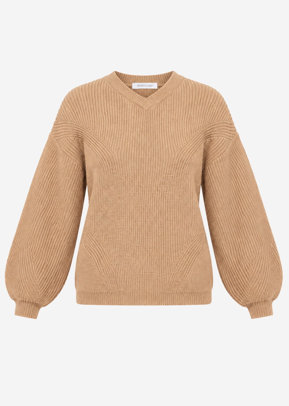 Pull en maille côtelée avec un col en V haut - marron clair