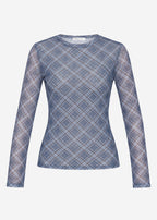 T-shirt à manches longues en mesh à motif à carreaux - bleu