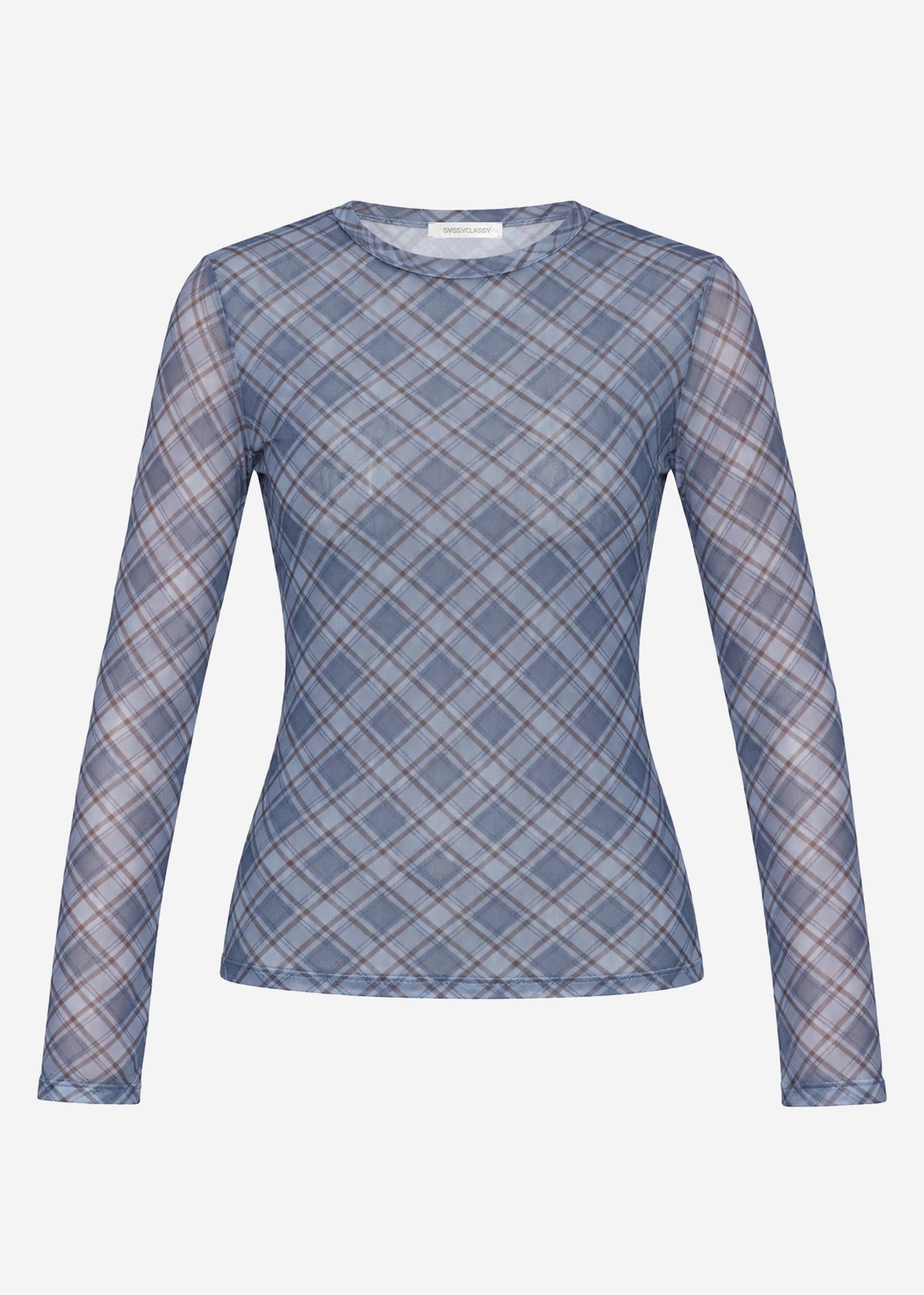 T-shirt à manches longues en mesh à motif à carreaux - bleu