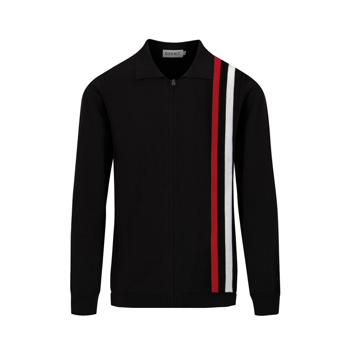 Veste rétro en maille des années 70 pour hommes – Noir vintage avec rayures verticales rouges et blanches, à fermeture éclair