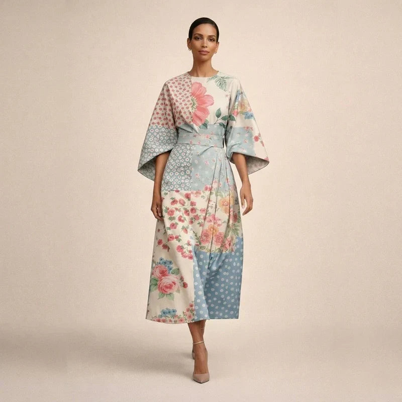 Clementine | Robe midi à motifs floraux, taille sculptée et élégance aérienne