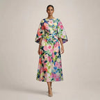 Clementine | Robe midi à motifs floraux, taille sculptée et élégance aérienne