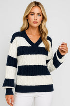 Mirelle | Pull rayé à col en V et motif torsadé