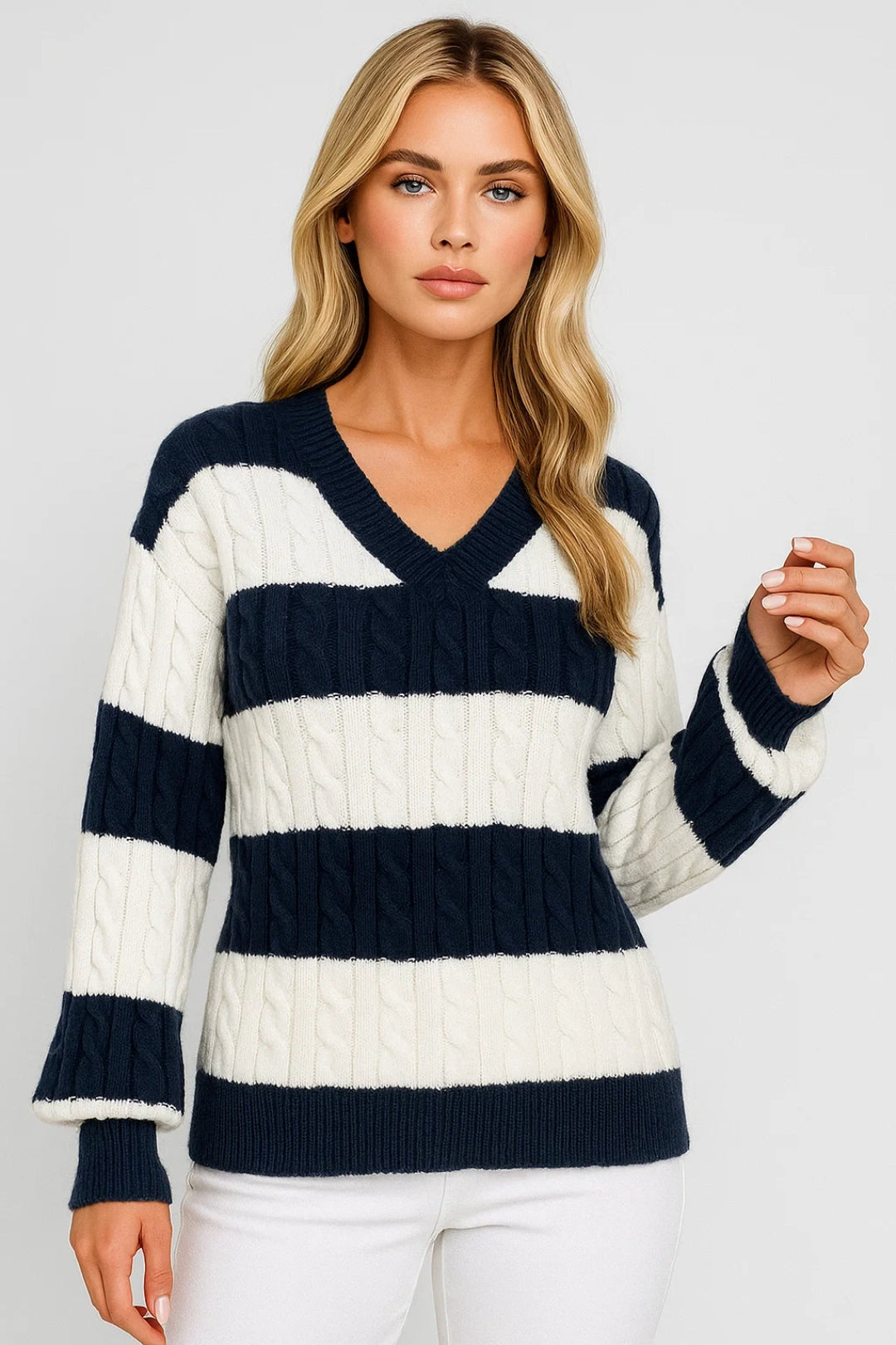 Mirelle | Pull rayé à col en V et motif torsadé