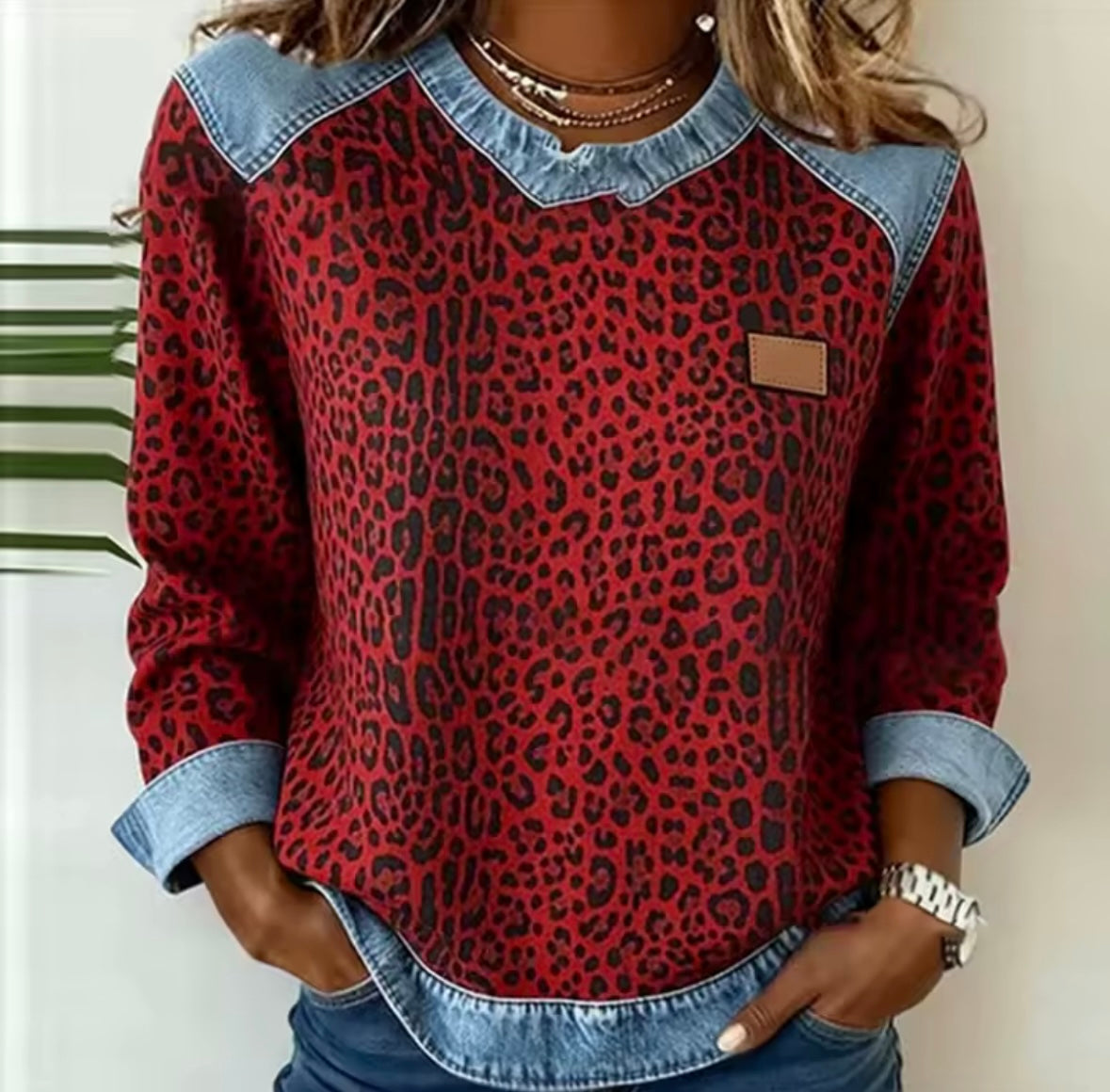 Hollyn™ | Pull Imprimé Léopard avec Col en Jean