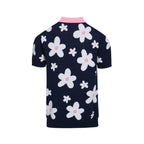 Polo tricot vintage marine à motifs marguerites pour homme – Col rose rétro des années 70