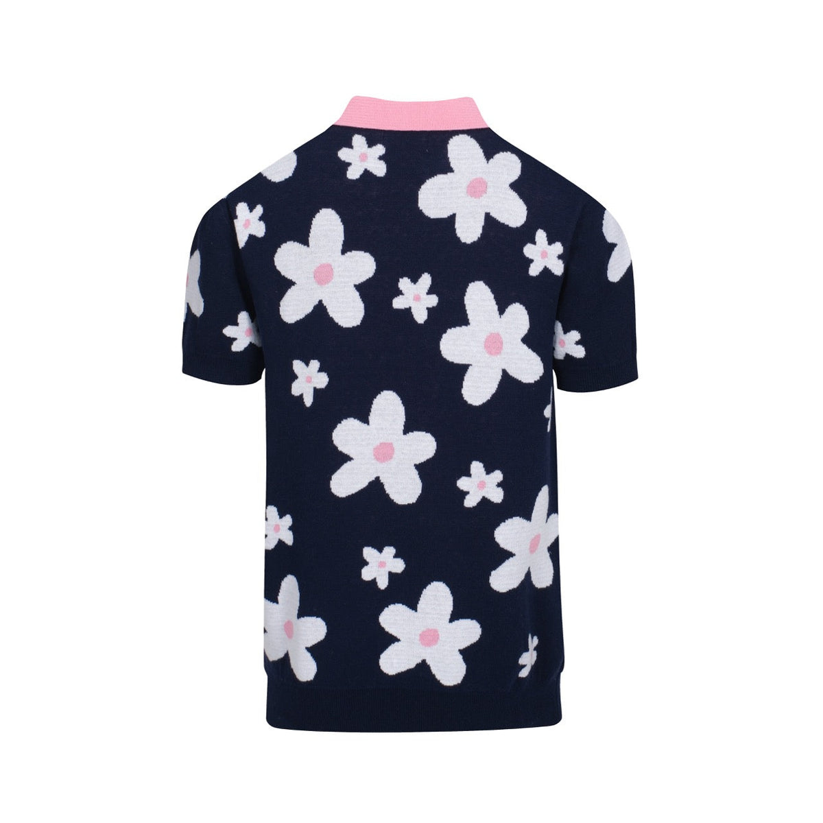 Polo tricot vintage marine à motifs marguerites pour homme – Col rose rétro des années 70