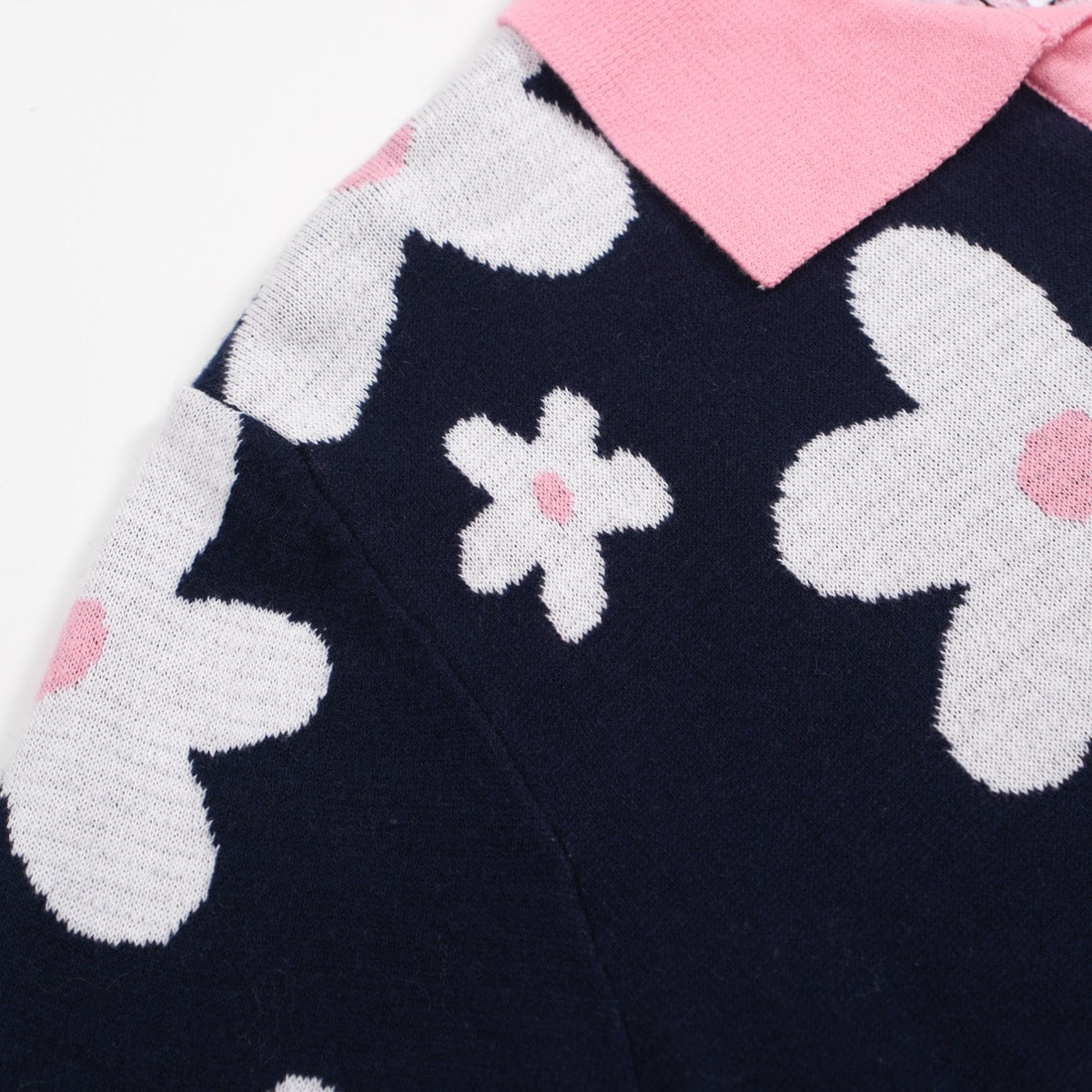 Polo tricot vintage marine à motifs marguerites pour homme – Col rose rétro des années 70