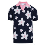Polo tricot vintage marine à motifs marguerites pour homme – Col rose rétro des années 70